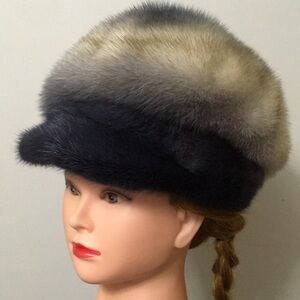 Genuine Fur Peaked Hat Blue/Grey